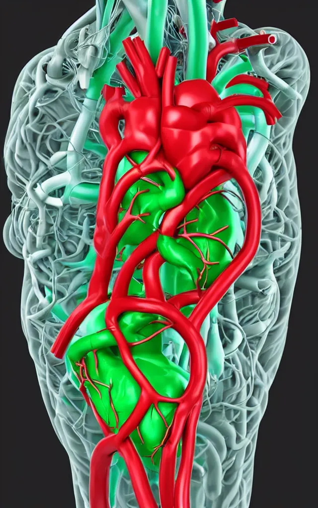 Image similar to intricated scientific medical 3d animation of the muscles and veins of a heart arteries with a heart in their hands photography 3d octane plastic render greenchromakey plastic rim light