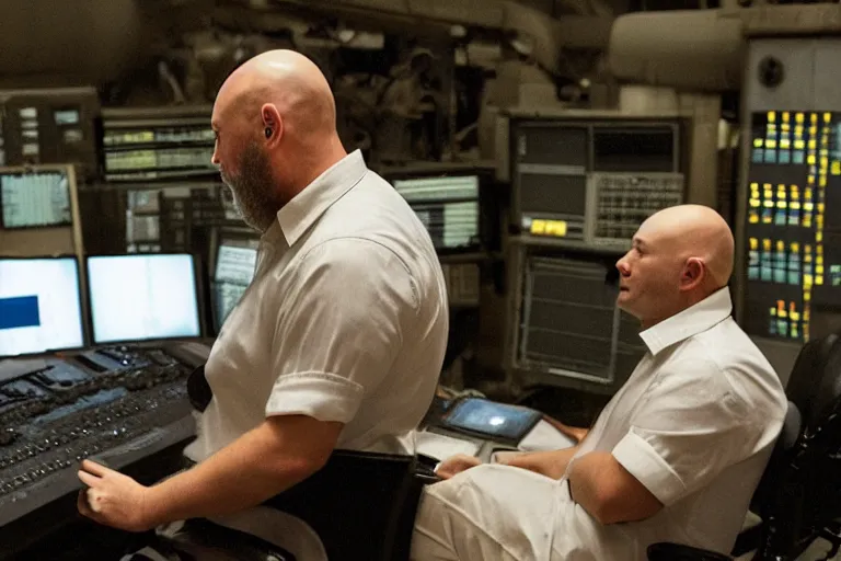 Image similar to movie heavyset bald man wearing a white shortsleeved shirt and blue jeans working in a nuclear silo control room by Roger Deakins