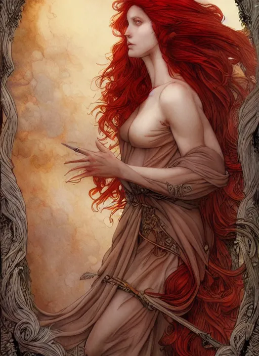 Image similar to dramatic ethereal full length illustration of a beautiful red hair woman in the art style of Eric Fortune and Rebecca Guay, not realistic, sharp focus, 8k high definition, insanely detailed, intricate, elegant