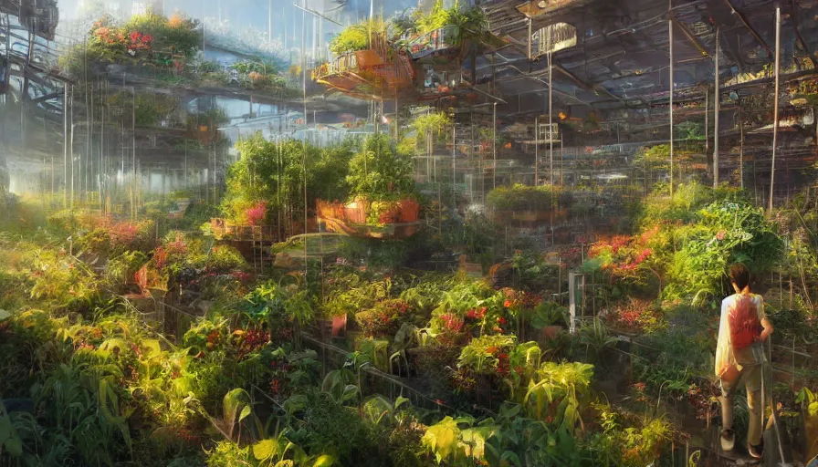 Prompt: craig mullins and ghibli digital illustration of solarpunk vertical farms, fields of crops and hydroponics under a force field, colorful, unreal engine, hyper realism, realistic shading, cinematic composition, realistic render, octane render, detailed textures, photorealistic, wide shot