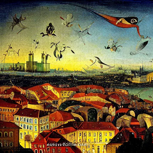 Prompt: City of Lisbon at night, view from Santa Justa lift, painting in the style of Hieronymus Bosch, detailed, high definition, vibrant, colorful