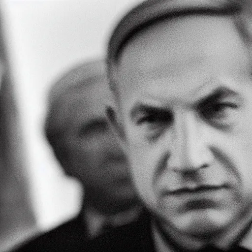 Image similar to fish eye lens photo of benjamin netanyahu looking at the camera curiously