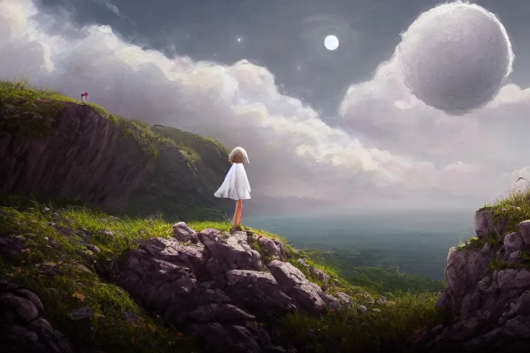 Image similar to giant white daisy flower head, girl walking on cliff, surreal photography, solar eclipse, milky way, dramatic light, impressionist painting, clouds, digital painting, artstation, simon stalenhag