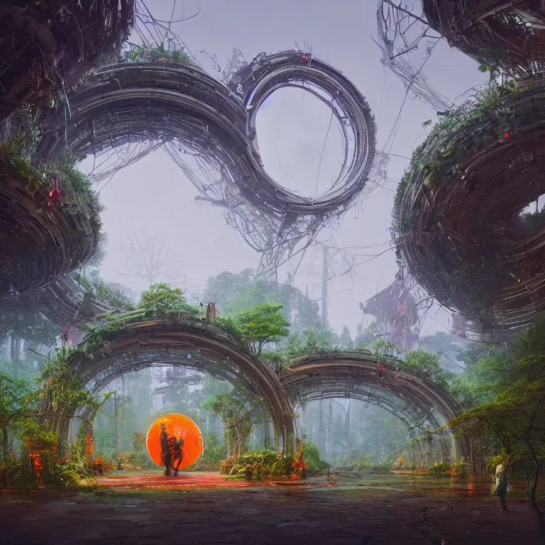 Prompt: a circle portal structure built out of plants,trees, curves, arches, bright cyberpunk glow, epic surrealism, forest green, orange, lime green, dull red, pale blue, Detailed digital matte painting in the style of simon stalenhag, Greg Rutkowski and Greg Hildebrandt artstation