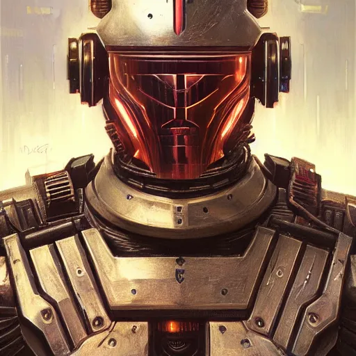 Image similar to the doomslayer as a realistic scifi cyberpunk knight, closeup portrait art by donato giancola and greg rutkowski, vintage retro scifi, realistic face, digital art, trending on artstation, symmetry!!!