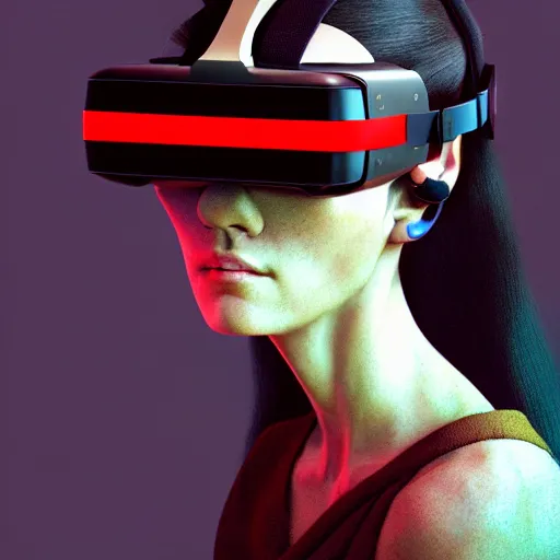 Prompt: Colour Caravaggio style Photography of Beautiful woman with highly detailed 1000 years old face wearing higly detailed sci-fi VR Headset designed by Josan Gonzalez Many details. . In style of Josan Gonzalez and Mike Winkelmann andgreg rutkowski and alphonse muchaand Caspar David Friedrich and Stephen Hickman and James Gurney and Hiromasa Ogura. Rendered in Blender, volumetric natural light