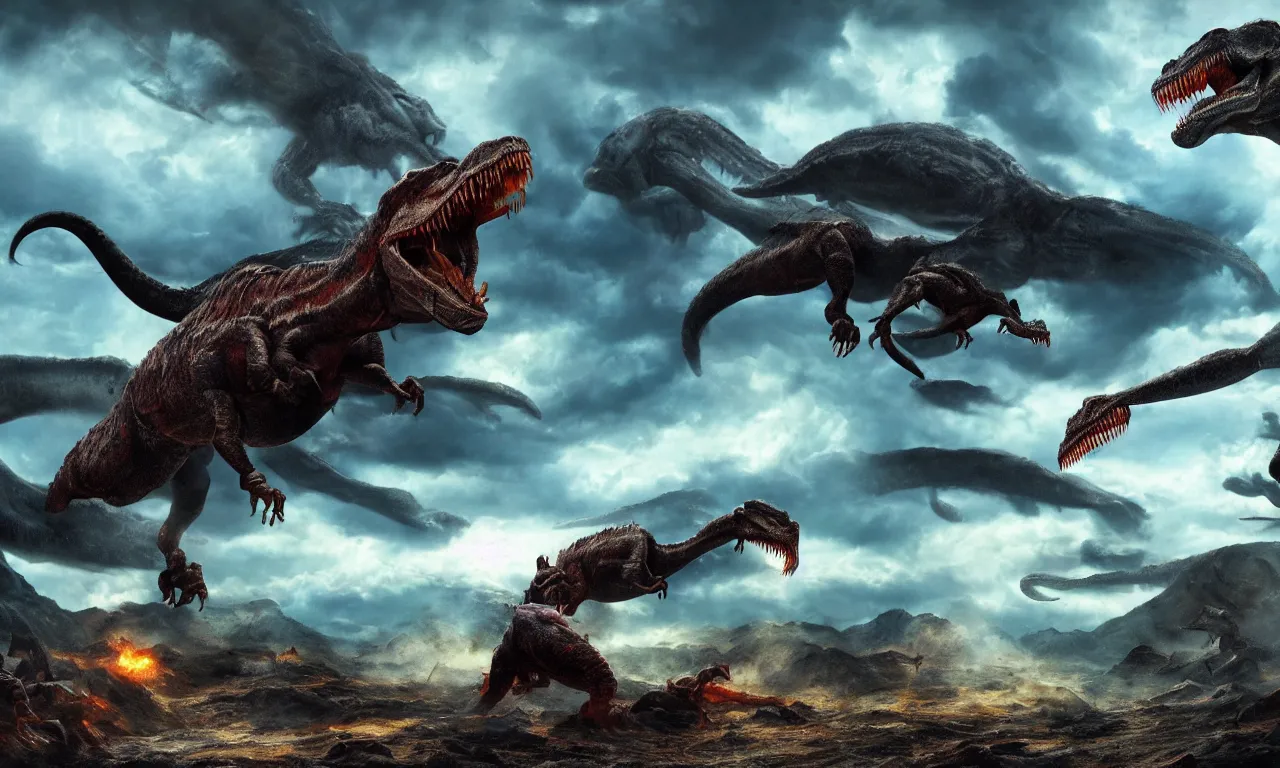 Prompt: ! dream prehistoric alien yajuta predator battling a tyrannosaurus, dinosaur slayer, volcanic landscape, storm clouds, epic cinematic matte painting,