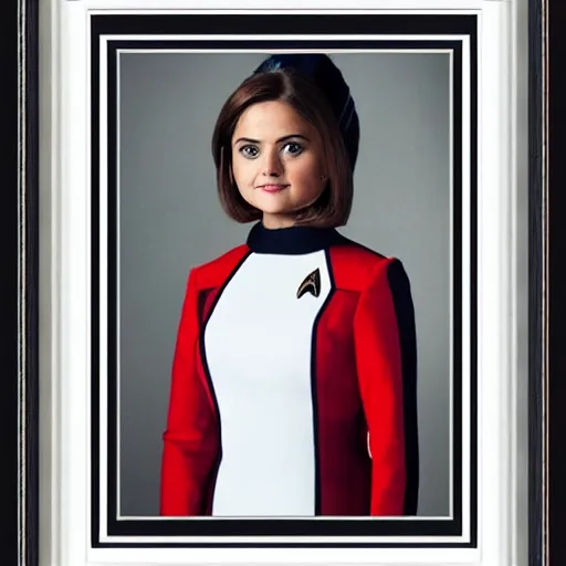 Prompt: a beautiful full body photograph of younger jenna coleman as a star fleet science officer from star trek next generation, full dress uniform, symmetrical face, extreme realism and detail, 8 k, completely framed, direct lighting, 3 5 mm photo, photorealistic, sharp focus