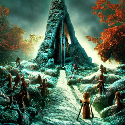 Image similar to claymation fellowship of the ring movie poster, highly detailed, tilt shift, incredibly detailed, hyperrealism, highly textured, award winning god rays