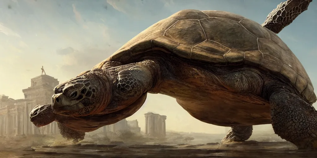 Image similar to huge ancient turtle with an abandoned city on its back, greg rutkowski, 8 k, shallow depth of field, intricate detail, concept art,