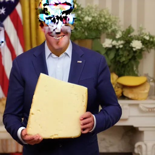 Image similar to Joe Biden proudly holding a prize winning piece of cheese