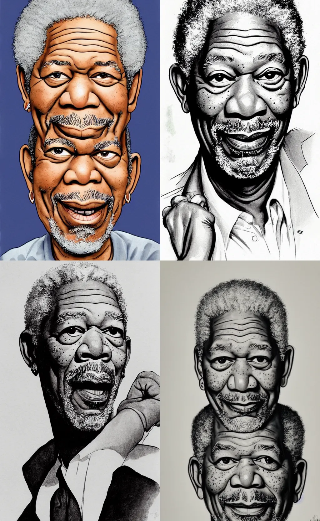 Prompt: morgan freeman charicature by mort drucker