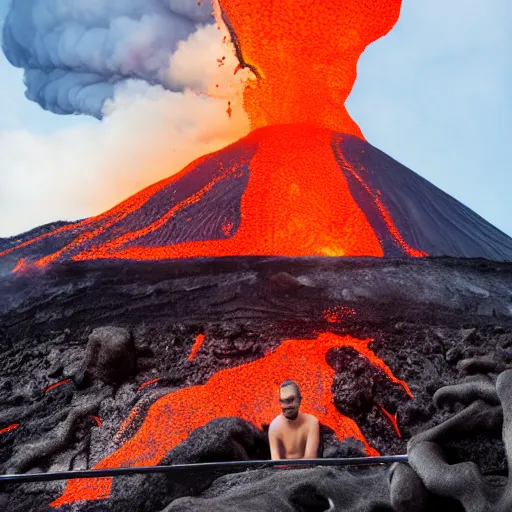 Image similar to man in a swimsuit sunbathing under an umbrella on a volcano with magma eruptions and lava flowing, steam and smoke from smoldering rocks