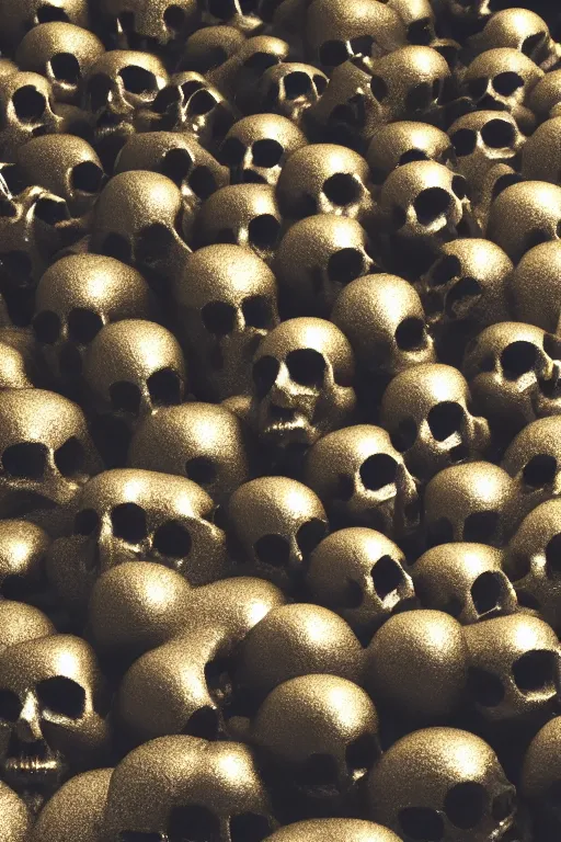 Image similar to 3 d render by daniel arsham of melting solid gold skulls, reflective, volumetric lighting, on clean white background