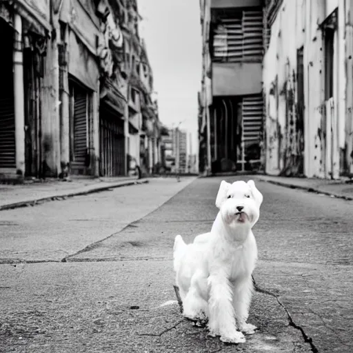 Prompt: photo of a white schnauzer dog with two open wings on his back sitting on the street of an abandoned dystopic city, hyprrealism, 5 5 mm photo