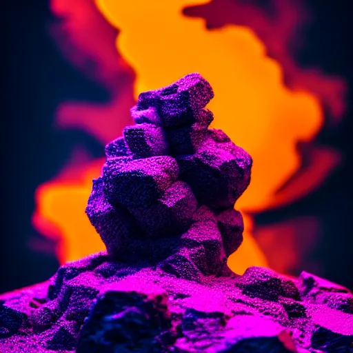 Image similar to 3D statue!!!, purple shattered paint!, glowing lava!!!, conglomerate!, slush!!, organized composition!, abstract!, black backdrop!, 4k!, award-winning photo!!!!