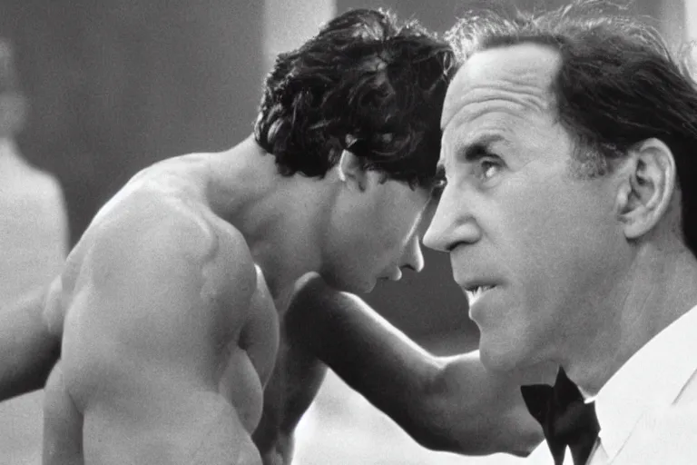 Image similar to film still frame of biden in rocky, high quality