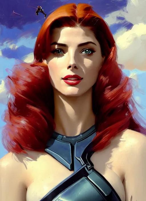 Image similar to A combination of Adriana Dxim's and Grace Kelly's and Ashley Greene's appearances with red hair wearing Forerunner armor from Halo, countryside, calm, fantasy character portrait, dynamic pose, above view, sunny day, thunder clouds in the sky, artwork by Jeremy Lipkin and Giuseppe Dangelico Pino and Michael Garmash and Rob Rey and Greg Manchess and Huang Guangjian, very coherent asymmetrical artwork, sharp edges, perfect face, simple form, 100mm