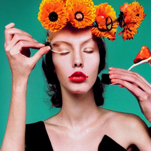 Prompt: a studio close - up portrait of a a fashion model smelling a plastic flower. surreal photograph, lo - fi, polished look, silly and serious, hermes ad, vogue magazine, fashion photography, toiletpaper magazine by pierpaolo ferrari and maurizio cattelan, 3 5 mm photograph, colourful, by pierpaolo ferrari, maurizio cattelan, david lachapelle