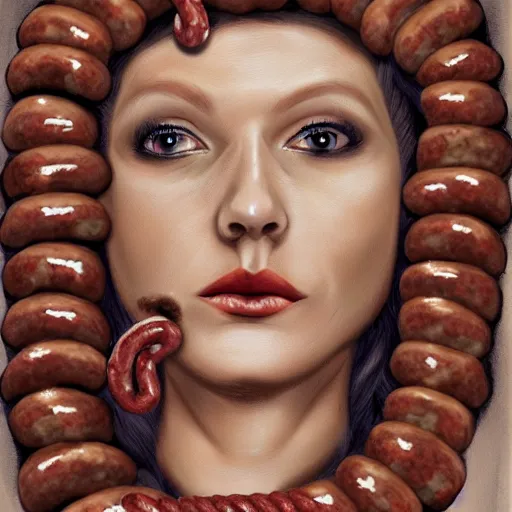 Prompt: medusa with sausages instead of snakes, sausage hair, photorealistic, illustration