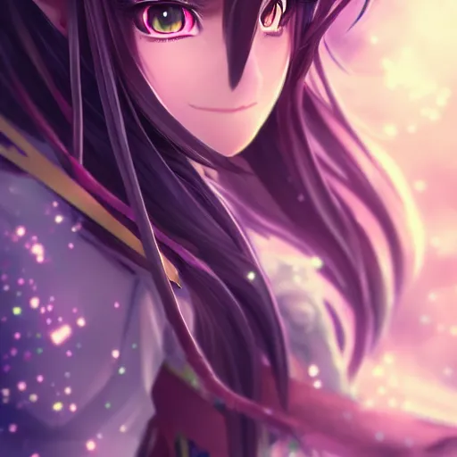 Prompt: adorable young cute anime elf girl, long black hair, detailed fantasy armor, symmetrical face. beautiful spark eyes. beautiful lineart. bokeh pixiv # 1 ranking depth focus, chromatic aberration, noise, soft lighting, srgb, 4 k, cinematic