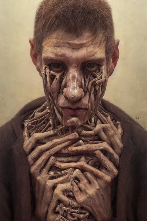 Prompt: beautiful clean oil painting biomechanical portrait of man face by sean yoro, wayne barlowe, rembrandt, complex, stunning, realistic, skin color