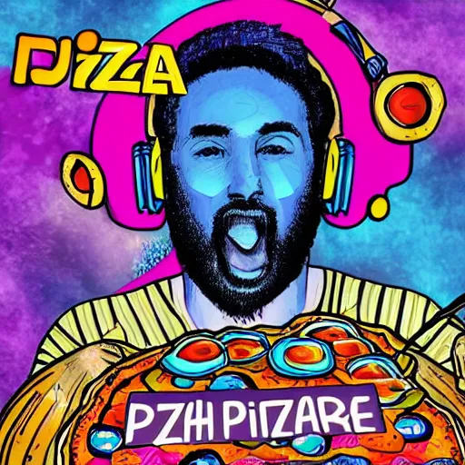 Image similar to DJ style album cover with pizza and words DJ FROZEN PIZZA, psychedelic, 16k, trending on artstation