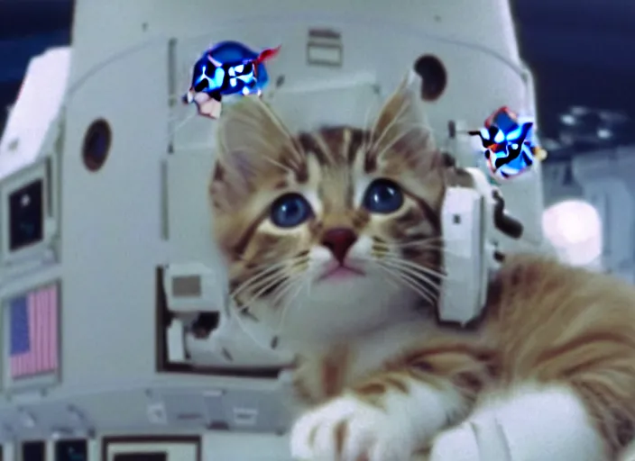 Prompt: film still of a kitten working for mission control at nasa, 8 k