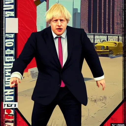 Image similar to boris johnson in gta v, cover art by stephen bliss, boxart, loading screen