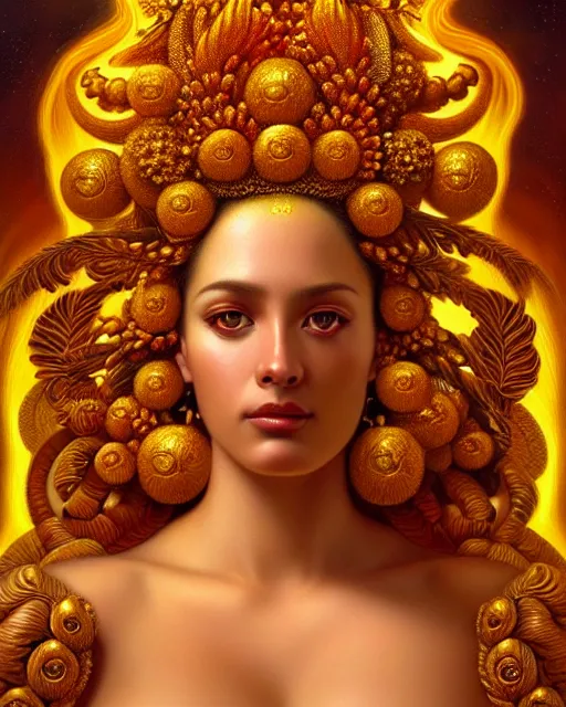 Image similar to portrait of the goddess of golden fire, unusual beauty, flowers and plants, emotionally evoking symbolic metaphors, head in focus, fantasy, ornamental, intricate, elegant, sensual, highly detailed digital painting, artstation, concept art, painterly, golden ratio, sharp focus, illustration, art by John William Godward and Boris Vallejo and Zdzisław Beksiński,