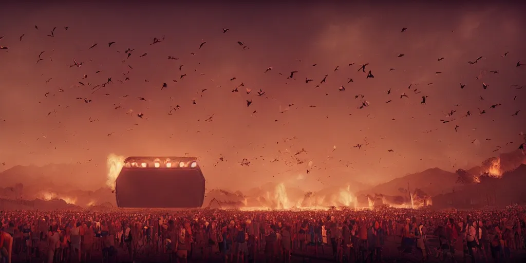 Image similar to realistic cinematic views of a orwellian coachella with fires in the background and dead seagulls falling from the sky in front of the main stage, realistic, cinematic, newspaper, dramatic lighting, depth of field background by victor mosquera, misty, terror glow, unreal engine 5 render, 3 5 mm film grain