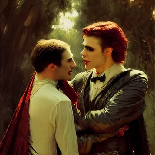 Image similar to attractive male, arthur pendragon confesses his love to attractive male dracula the vampire. highly detailed painting by gaston bussiere, craig mullins, j. c. leyendecker 8 k