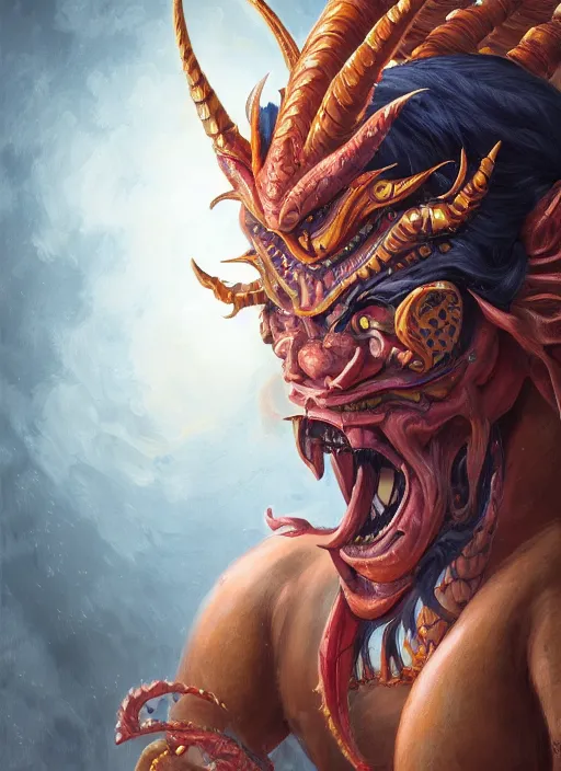 Image similar to a beautiful detailed oil on copper art illustration of a oni hannya mask shogun dragon woman, centered, by charlie bowater, zeng fanzh, trending on artstation, dim dusk lighting, cinematic lighting, detailed lighting, volumetric lighting, realistic, f 8, 4 k hd wallpaper