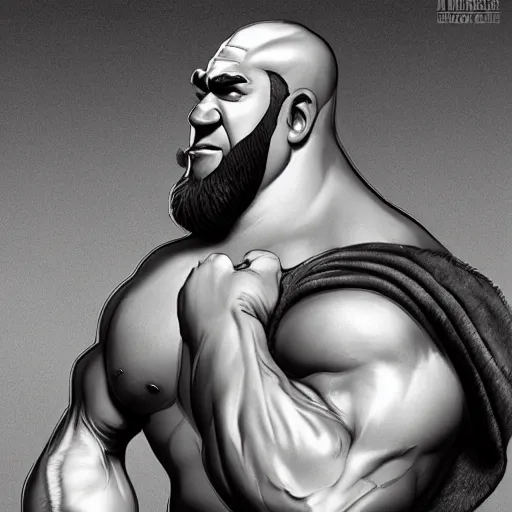 Image similar to muscular shrek with beard, black and white, highly detailed, digital painting, artstation, concept art, smooth, sharp focus, illustration, art by artgerm and greg rutkowski and alphonse mucha