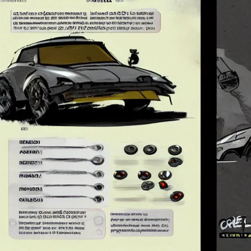 Image similar to car engine car parts concept art card, comic page, dishonored style, ui card