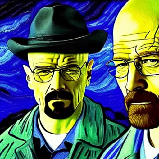 Image similar to breaking bad as a van gogh painting, 4 k, hyper realistic, dslr, high resolution, landscape, beautiful