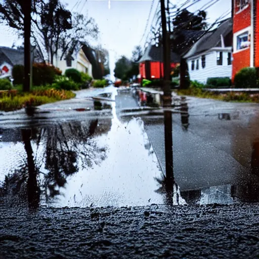 Image similar to still photo of rain puddles and reflections in an american village street, cloudy weather, highly detailed, photorealistic shot, bright studio setting, studio lighting, crisp quality and light reflections, unreal engine 5 quality render