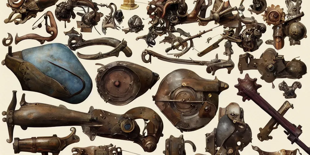 Prompt: collection of vintage early xx century props and gadget, moebius, items, concept art, hard surface, kitbash, parts, shape and form, in watercolor gouache detailed paintings, modular, pieces, golden ratio, weapon, big medium small, insanely details, wes anderson, bungie, lovecraftian style, by makoto shinkai, by beksinski