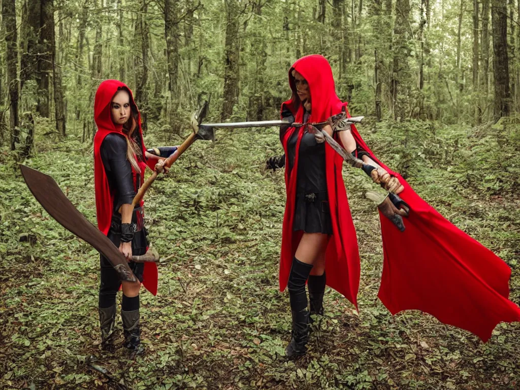 Image similar to a girl in a red hood with a twohanded axe in mysty woods