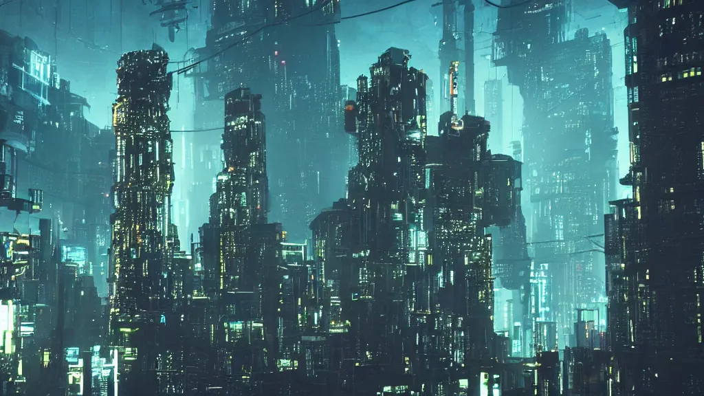 Prompt: an ancient cyberpunk tower, glowing in the evening, film still, epic shot cinematography