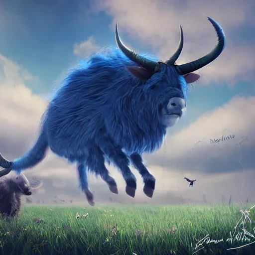 Prompt: an illustration of a giant six - legged beast bull - like head, a pair of horns thick blue fluffy fur walking across a peaceful fantasy meadow with fishes flying in the sky digital art concept art