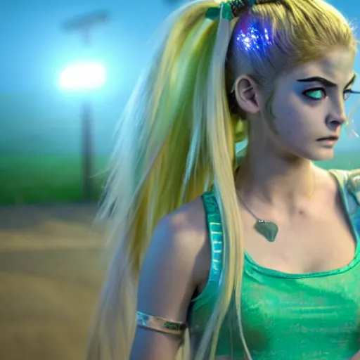 Prompt: cinematic scene with brighton sharbino as jolyne from jojo's bizarre adventure, live action film, stone ocean, dramatic, small details, volumetric lighting, still frame