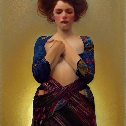 Image similar to modern woman | hyperrealistic | digital painting | trending on artstation | pinup portrait | clean | illustration | dressed | Unreal Engine 5 | 8k resolution | by Greg Rutkowski Alphonse Mucha Gustav Klimt and Mel Ramos