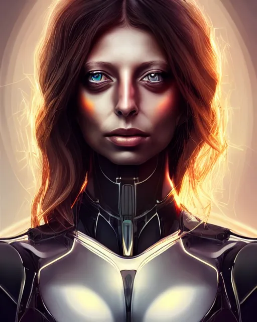 Prompt: portrait of angela sarafyan as a beautiful cyborg, wlop, artgerm, artstation, metallic carbon fiber