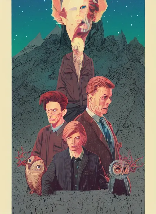 Prompt: Twin Peaks movie poster artwork by Tomer Hanuka and Michael Whelan, Rendering David Bowie versus the owls full of details, by Makoto Shinkai and thomas kinkade, Matte painting, trending on artstation and unreal engine