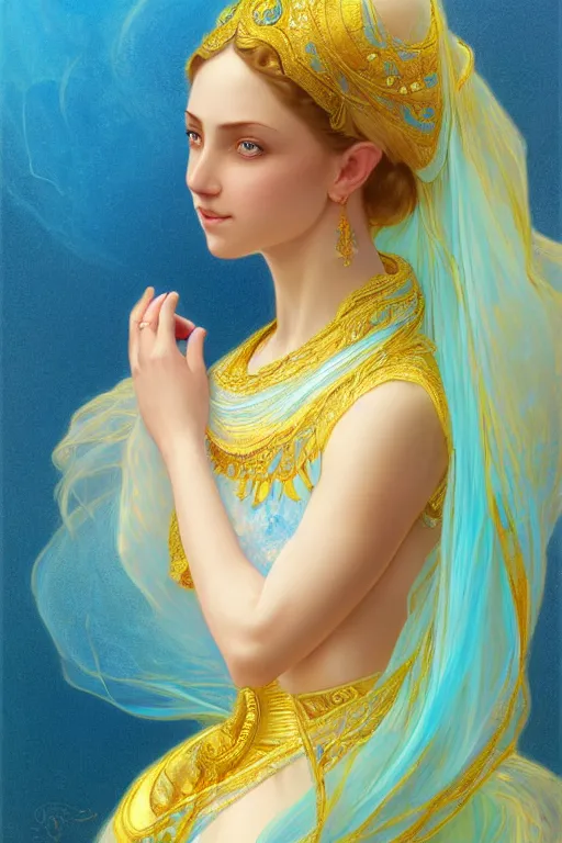 Image similar to portrait of an arabian princess, fantasy, gradient yellow cyan blue, dreamy and ethereal, blue eyes, golden ratio, peaceful expression, ornate frilly dress, fantasy, intricate, elegant, rainbow bubbles, highly detailed, digital painting, artstation, concept art, smooth, b sharp focus, illustration, art by artgerm and greg rutkowski and alphonse mucha