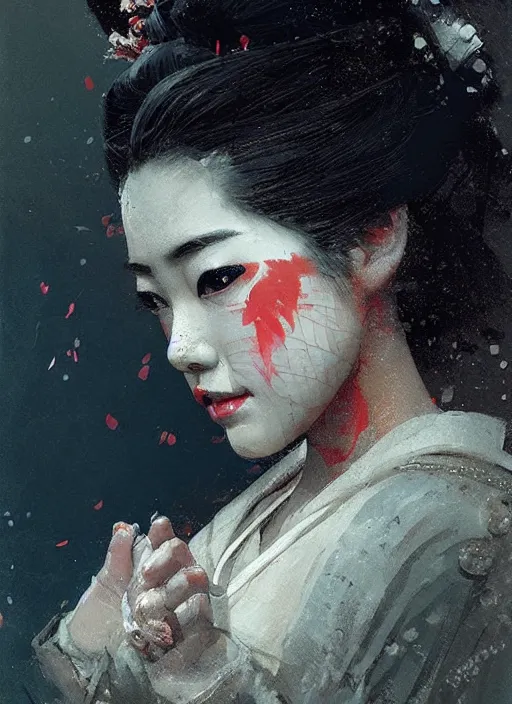 Image similar to female geisha girl, beautiful face, rule of thirds, intricate outfit, spotlight, by greg rutkowski, by jeremy mann, digital painting