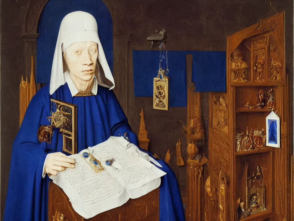 Prompt: Portrait of albino mystic with blue eyes, with Catholic reliquary. Painting by Jan van Eyck, Audubon, Rene Magritte, Agnes Pelton, Max Ernst, Walton Ford