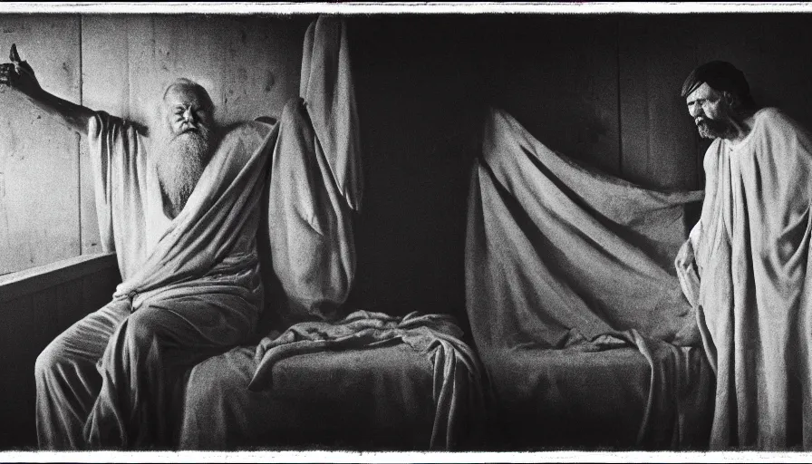 Prompt: 1 9 6 0 s movie still by tarkovsky of an elder socrates in dark drapery inside a barque in a neoclassical canal, cinestill 8 0 0 t 3 5 mm b & w, high quality, heavy grain, high detail, panoramic, ultra wide lens, cinematic composition, dramatic light, anamorphic, piranesi style