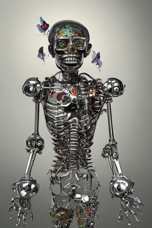 Image similar to A young child robot surrounded by chrome skeletons, octane rendering by Raqib Shaw and Salivor Dali,